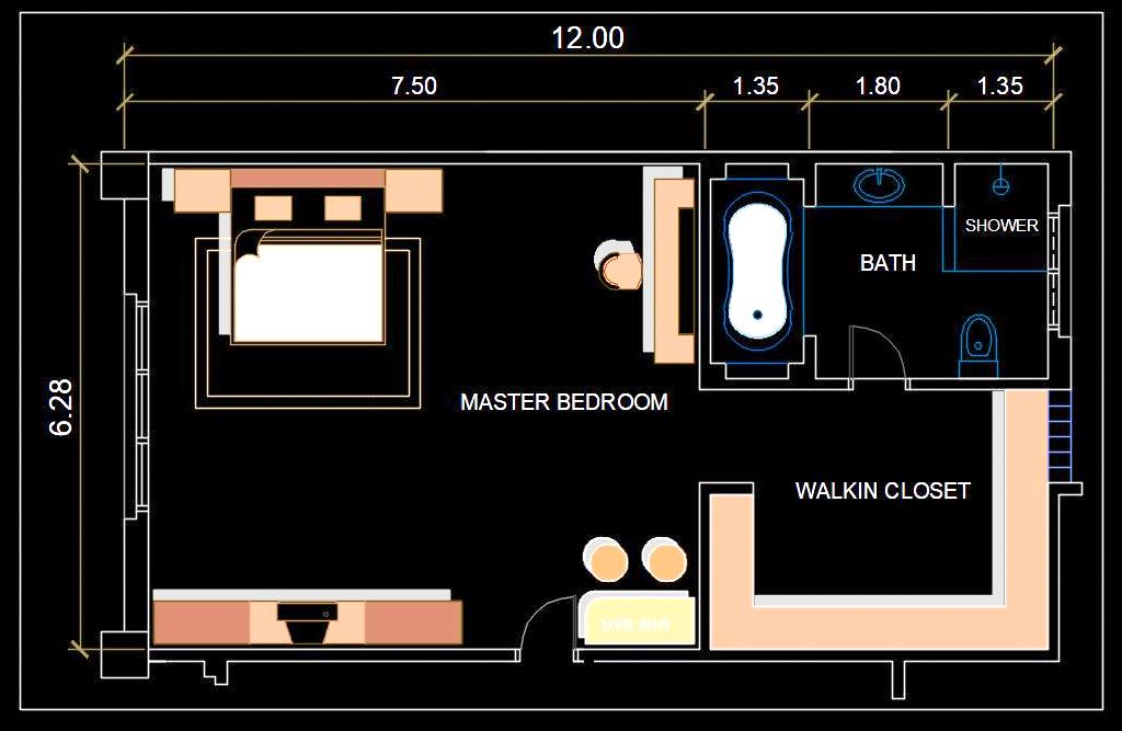 Bedroom CAD Layout with Walk-In Closet & Toilet